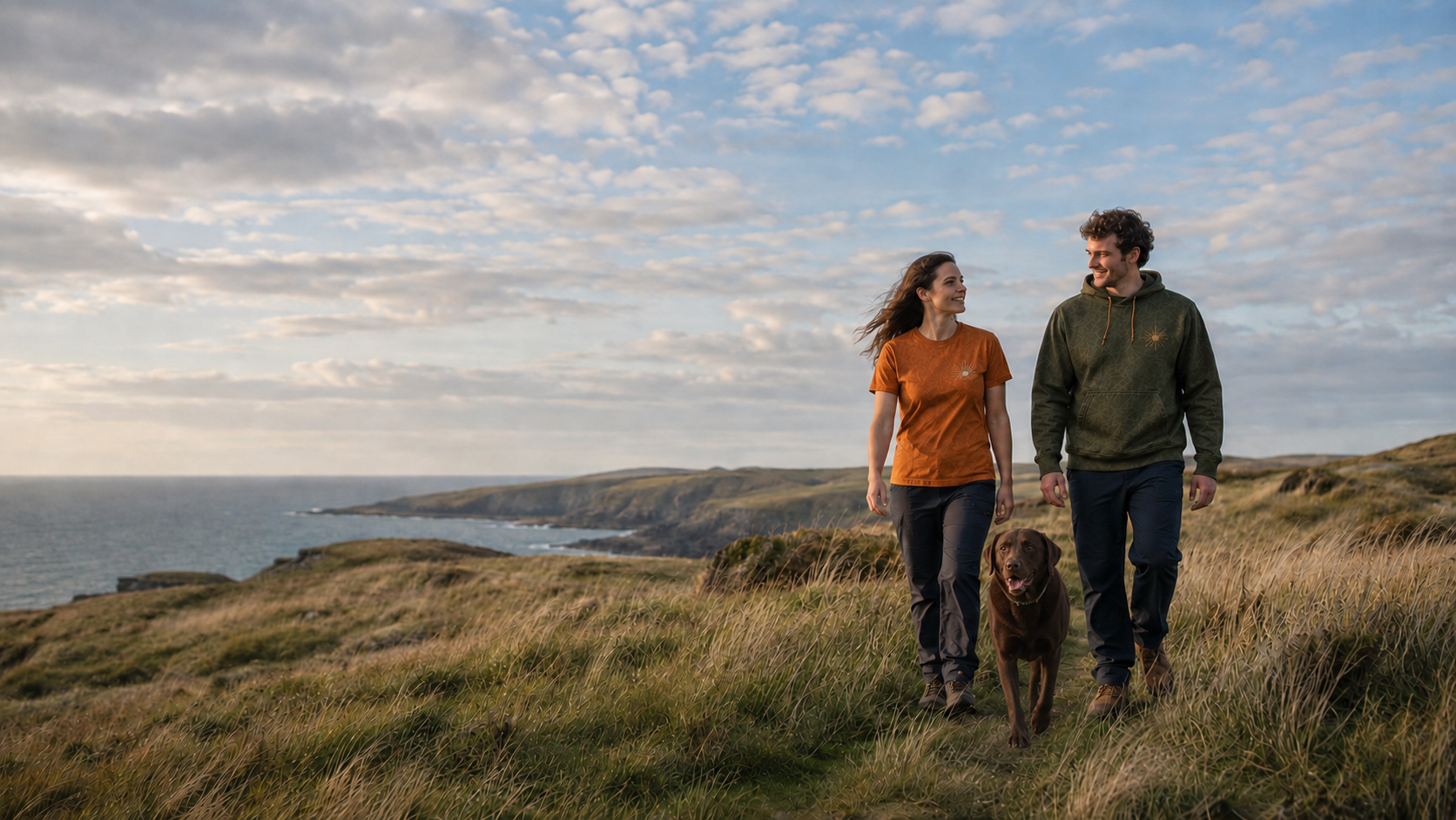 A couple and their Labrador walking along the Anglesey coast
